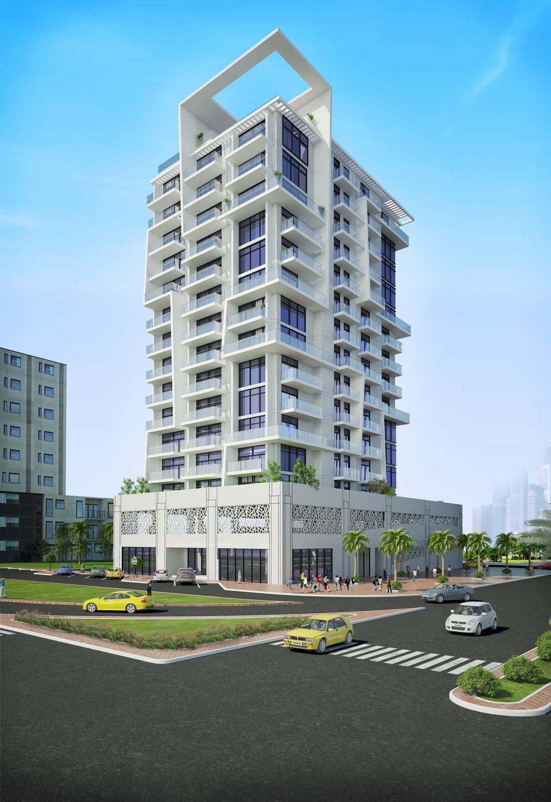 A modern house with a swimming pool and green trees surrounding it.
